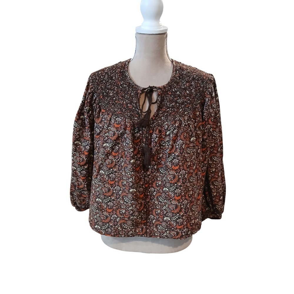 Lucky Brand Brown Paisley Floral Peasant Blouse Smocked Tassel Tie Top Medium
